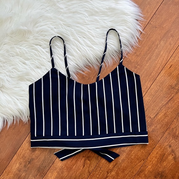 Nautical Navy/White Striped Spaghetti Strap Tie Back Crop Top - Picture 4 of 10